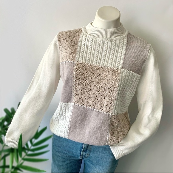v i n t a g e :: Neutral Cable Knit Crochet Granny Knit Sweater - Picture 1 of 11